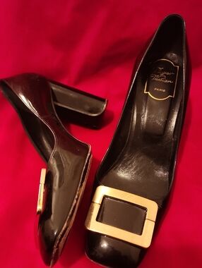 Roger Vivier Black Patent Pumps with Gold Buckle